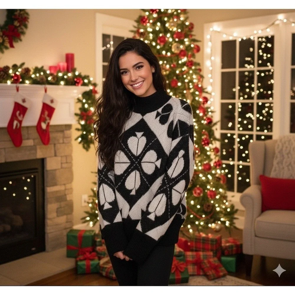 Kate‎ Spade Playful Spade Geo Mock Neck Sweater Black White Sparkle XS NWOT